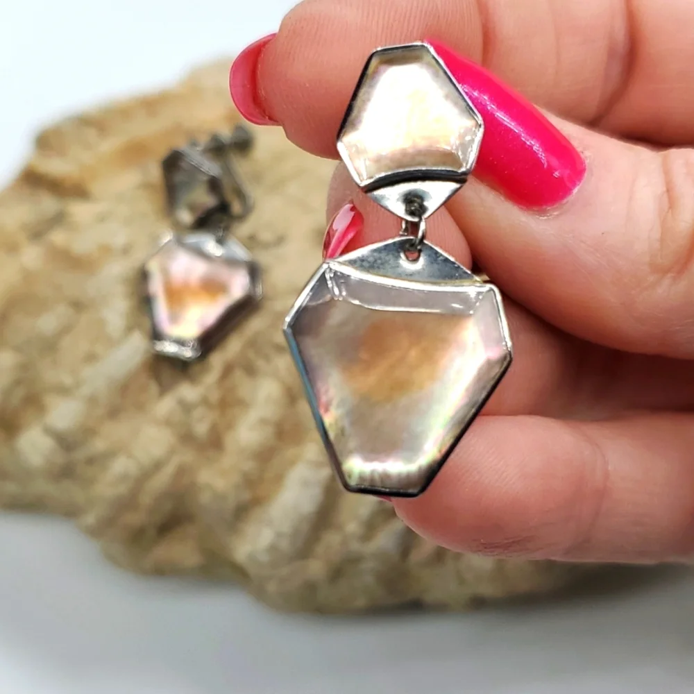 Vintage 70s Abalone Shell Silver Screw Back Earrings